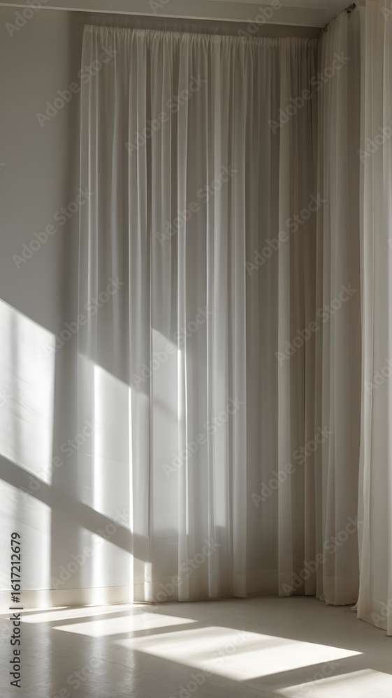 Fototapeta premium Soft Light and Shadow Play on Sheer Curtains in a Minimalist Interior