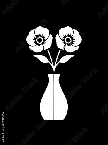White Flowers in a Vase on Black Background Minimalist Illustration