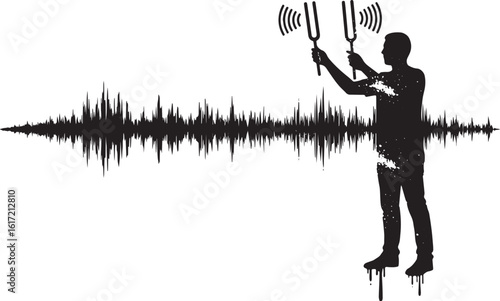 Silhouette of a man conducting music wave analysis with tuning f