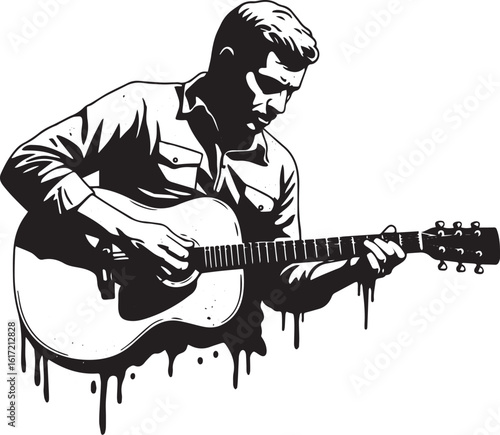 Monochromatic illustration of a musician playing an acoustic gui