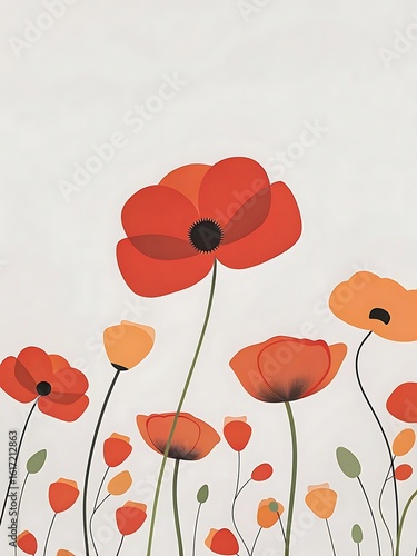 Stylized Poppy Flowers on White Background Elegant Floral Design Illustration