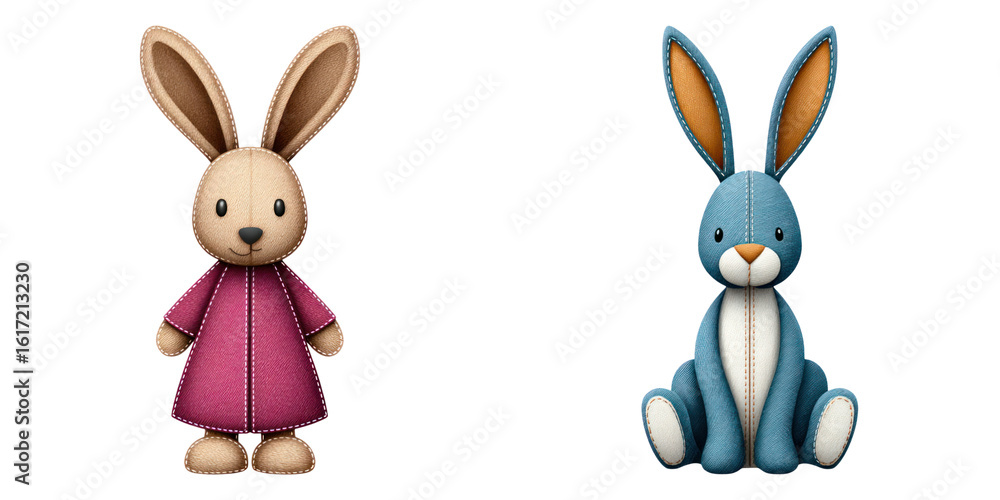 Obraz premium Handmade felt bunny toy in pink dress and blue sitting bunny with stitched details, cute and soft fabric animals for decoration