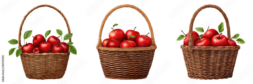 Basket with red apple and green leaf, fresh fruit harvest in woven wicker container, autumn healthy food concept Basket with red apple and green leaf, fresh fruit harvest in woven wicker container, autumn healthy food concept