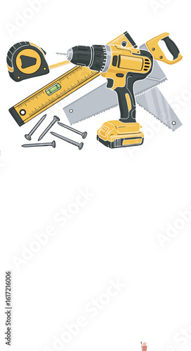 A collection of essential construction and carpentry tools including a cordless drill, saw, tape measure, and level, isolated on a white background.
