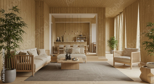 Elegant Japandi living room interior with natural wood decor, minimalist furniture, and indoor plants. A peaceful and modern home design concept.