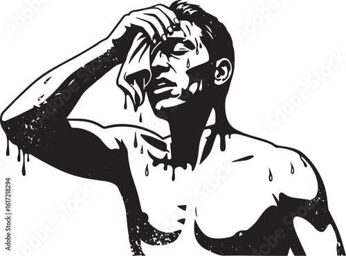Monochrome illustration of an exhausted man wiping sweat from hi