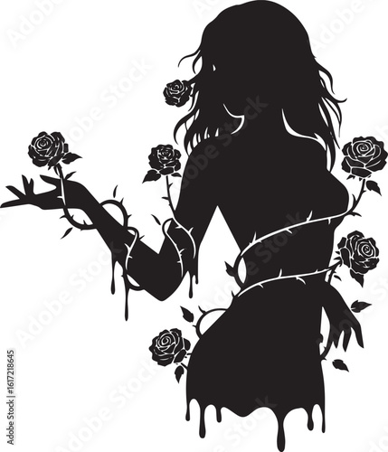 Silhouette of a woman entwined with roses and thorns creating an
