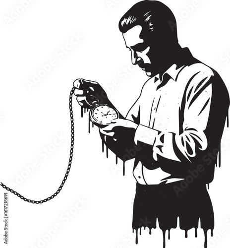 Monochrome depiction of a man attentively observing an antique p
