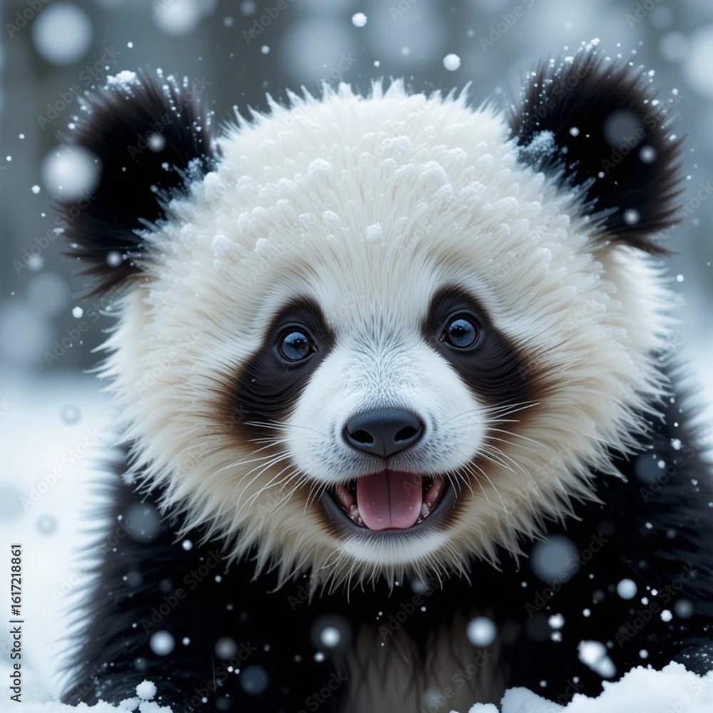 Fototapeta premium A baby panda playing in the snow on a snowy day