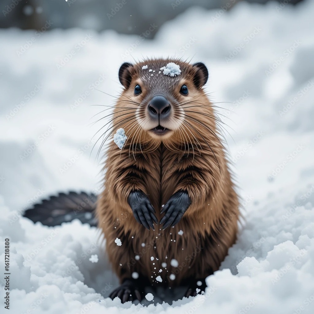 Fototapeta premium A baby beaver playing in the snow on a snowy day