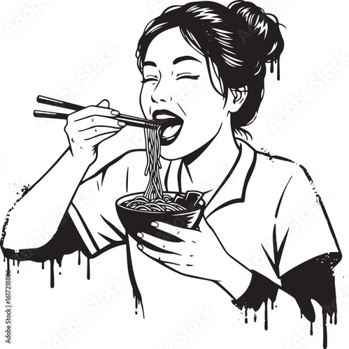 Monochrome artwork of woman relishing a bowl of ramen with chops