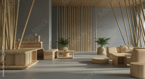 Architectural concept of a modern minimalist lounge with natural light wood furniture, slatted walls, and concrete floor.