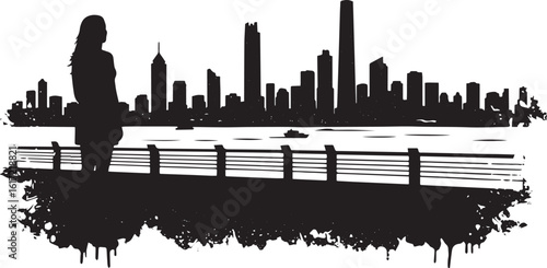 Silhouette of a woman gazing at a cityscape horizon in monochrom
