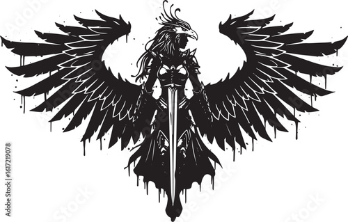 Mystical black and white illustration of a woman with phoenix wi