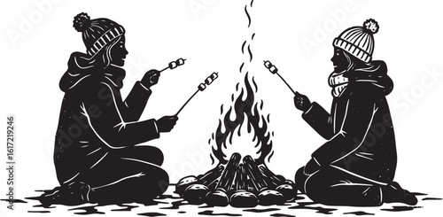 Cozy campsite scene featuring marshmallow roasting, outlined wit
