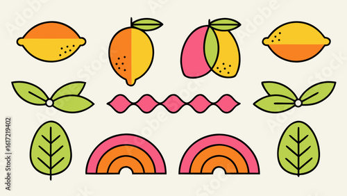 Charming hand drawn doodle frames featuring citrus fruits verdant leaves and flowing wave motifs for artistic projects