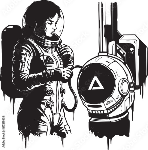 Monochromatic stylized drawing of an astronaut preparing for lif