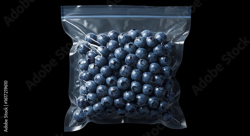 Fresh Blueberries Packed in a Clear Plastic Zipper Bag Against a Black Background