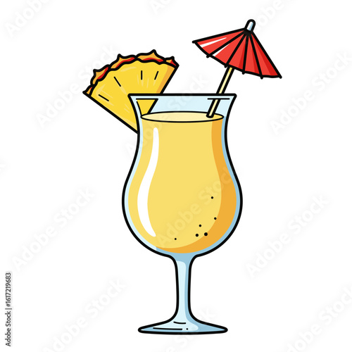 Piña Colada with Pineapple Slice and Umbrella Tiki Garnish Flat-style Vector illustration