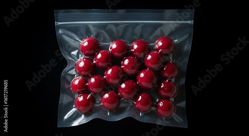 Minimalist still life of ripe red cherries preserved in a vacuum pack against a black background.
