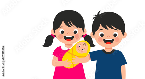 Illustration of children holding a baby in yellow wrap in flat style