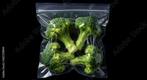 Fresh green broccoli florets preserved in a clear resealable bag for food storage on black