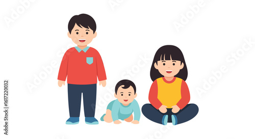 Illustration of family with brother sister and crawling baby on white background
