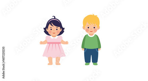 Illustration of two children a boy and a girl standing together on white