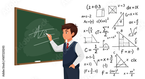 A dedicated teacher explaining mathematical concepts on a chalkboard with equations