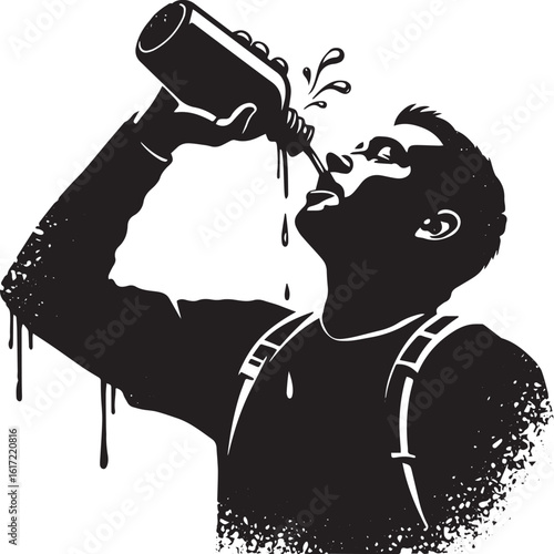 Silhouette of a thirsty man drinking water from a bottle dramati