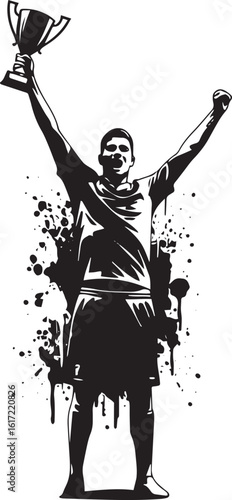 Triumphant athlete silhouette holding trophy with splash effect
