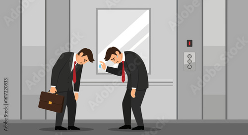 Business Downturn Illustrating Sadness With Two Businessman Inside An Elevator