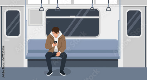 A lonely man sitting in a subway car absorbed in his phone looking sad and isolated, showcasing urban alienation