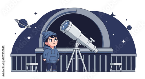 A Little Boy Dreamer Gazing Up At The Telescope To See The Universe