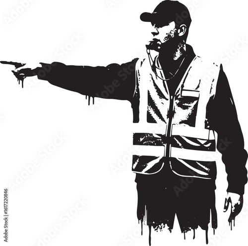 Monochromatic stencil art of a worker directing movement with au