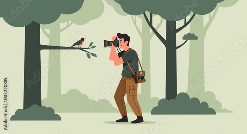A man capturing the beauty of nature, photographing a bird in a serene forest setting
