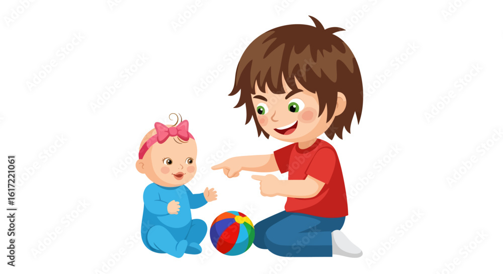 Playful brother and sister illustration with colorful ball on white backdrop Playful brother and sister illustration with colorful ball on white backdrop