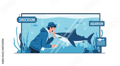 A man watches a shark in the aquarium, experiencing the thrill of underwater wildlife