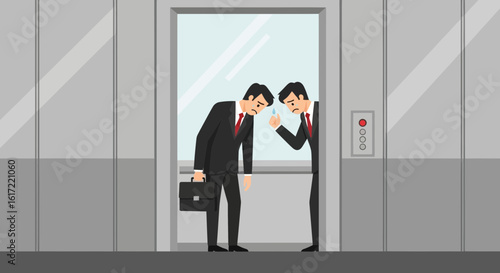Businessman Experiencing Elevator Problem Looks Reflective in the Door Mirror