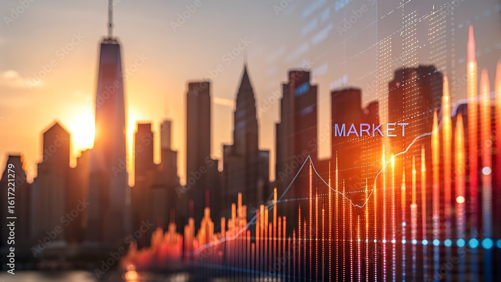 Fototapeta premium Dynamic financial market charts overlaying city skyline at sunset