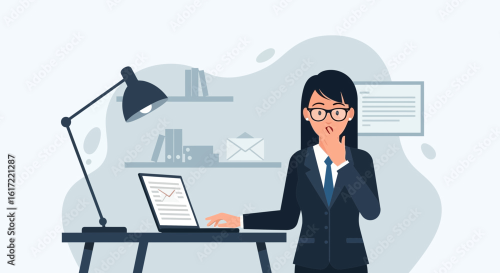 Fototapeta premium Businesswoman Feeling Overwhelmed Looking At Company Financials On Her Laptop