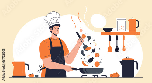 A professional chef is expertly preparing a meal in a brightly colored kitchen illustration style scene