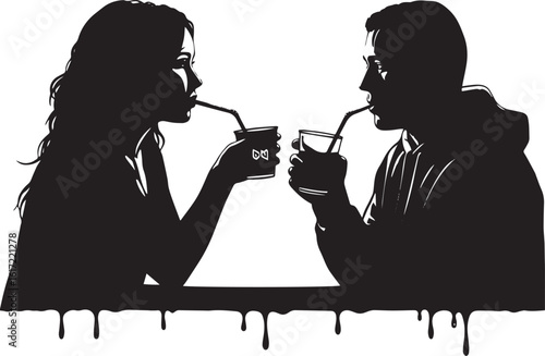 Monochrome shared refreshment: A woman and man enjoying drinks,