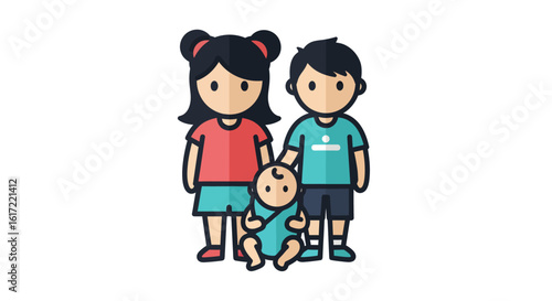 Stylized cartoon family portrait illustration with siblings and baby