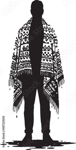 Mysterious silhouette draped in patterned fabric against pristin