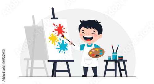 Creative Imagination Boy Painting Colorful Splashes On Canvas Having Fun