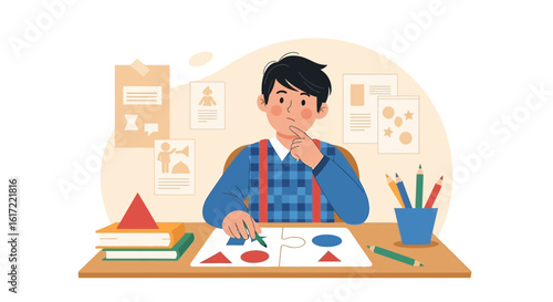 A young boy concentrating on solving a geometrical puzzle at his desk with focus