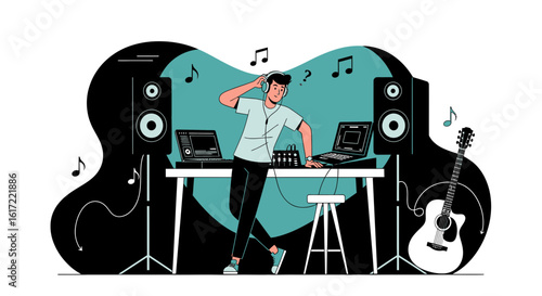 Creative Musician Composing Music on Laptop with Guitar and Speakers
