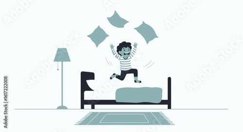 Cartoon Boy Having Fun Jumping On The Bed In The Room Playful Concept
