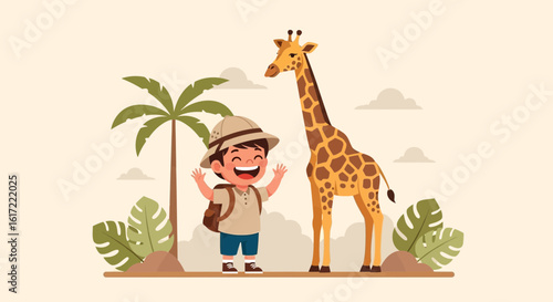 A young explorer with a giraffe in a tropical safari setting vector art